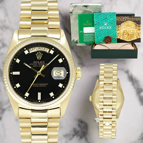 "President" Day-Date 18238 Gold 36mm Black Face Diamond Dial-Fluted Bezel (VSF)