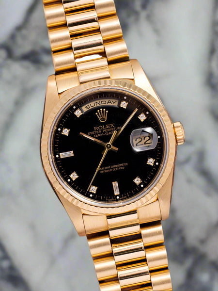 "President" Day-Date 18238 Gold 36mm Black Face Diamond Dial-Fluted Bezel (VSF)