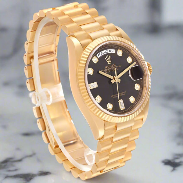 "President" Day-Date 18238 Gold 36mm Black Face Diamond Dial-Fluted Bezel (VSF)