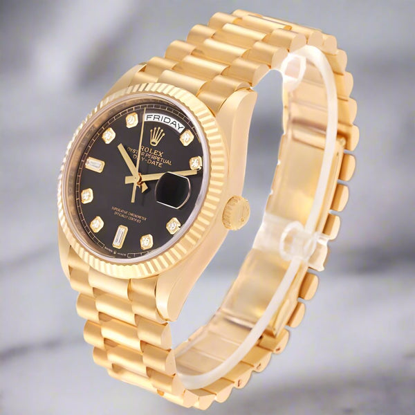 "President" Day-Date 18238 Gold 36mm Black Face Diamond Dial-Fluted Bezel (VSF)